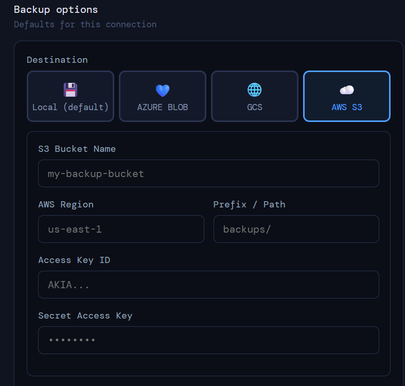 Destination configuration screen