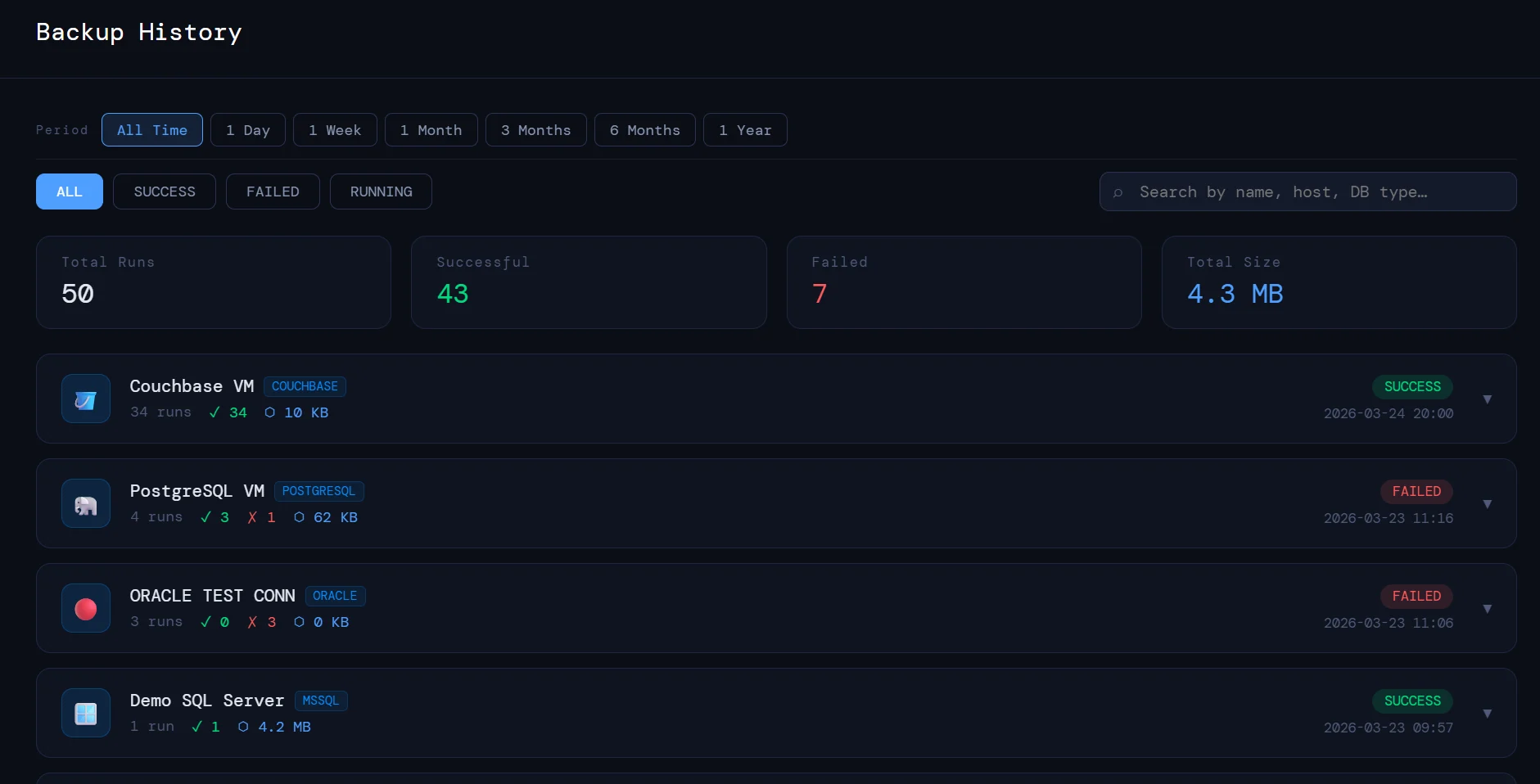 DBAegis backup history page showing backup records and status