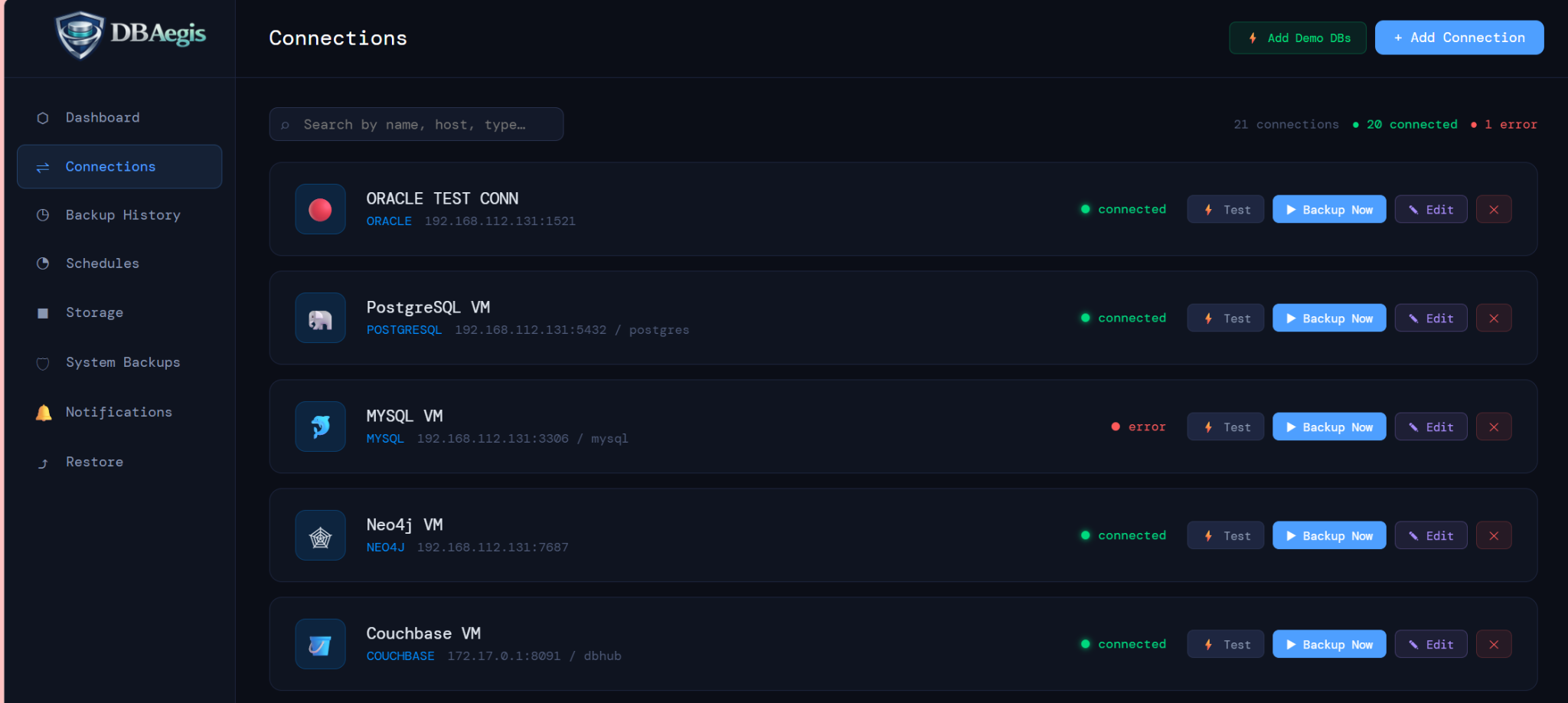DBAegis connections screenshot