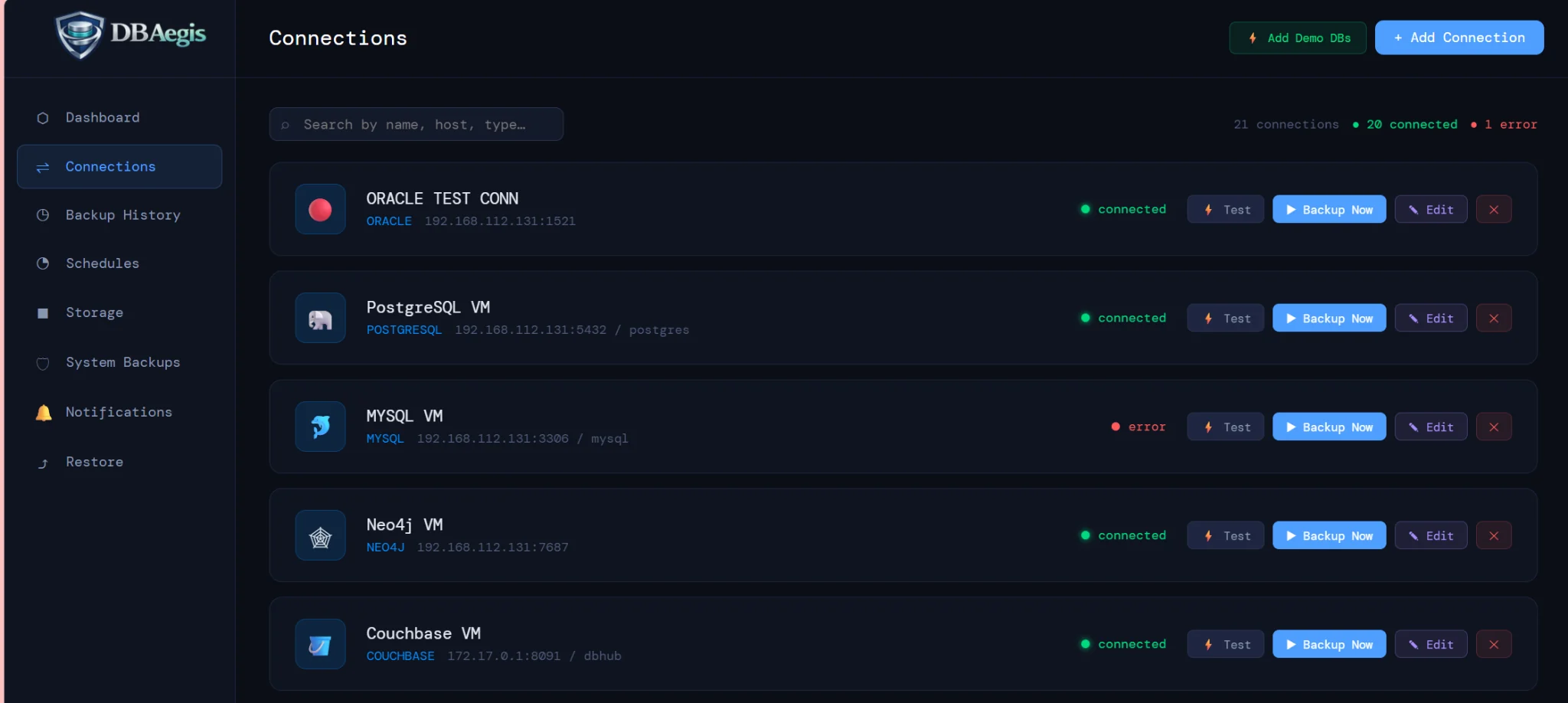 DBAegis connection catalog