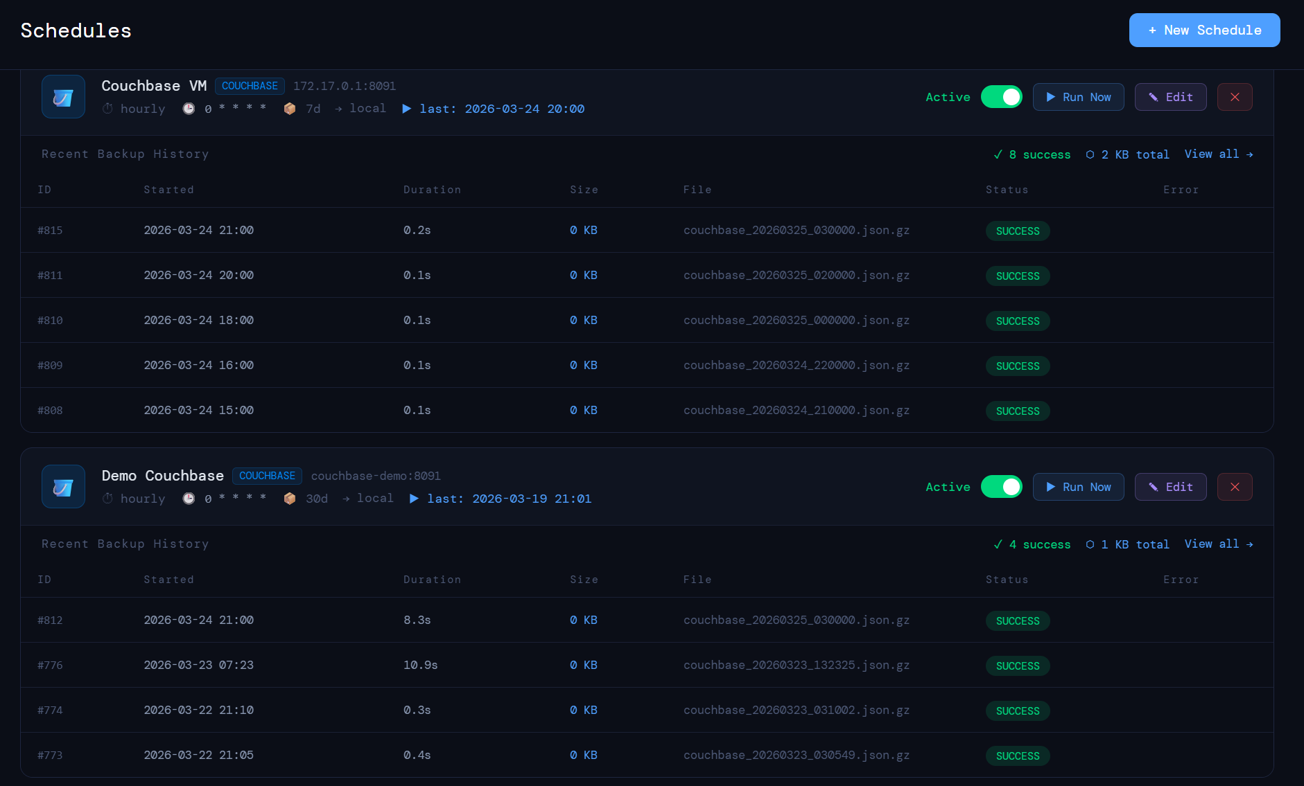 Schedules screen