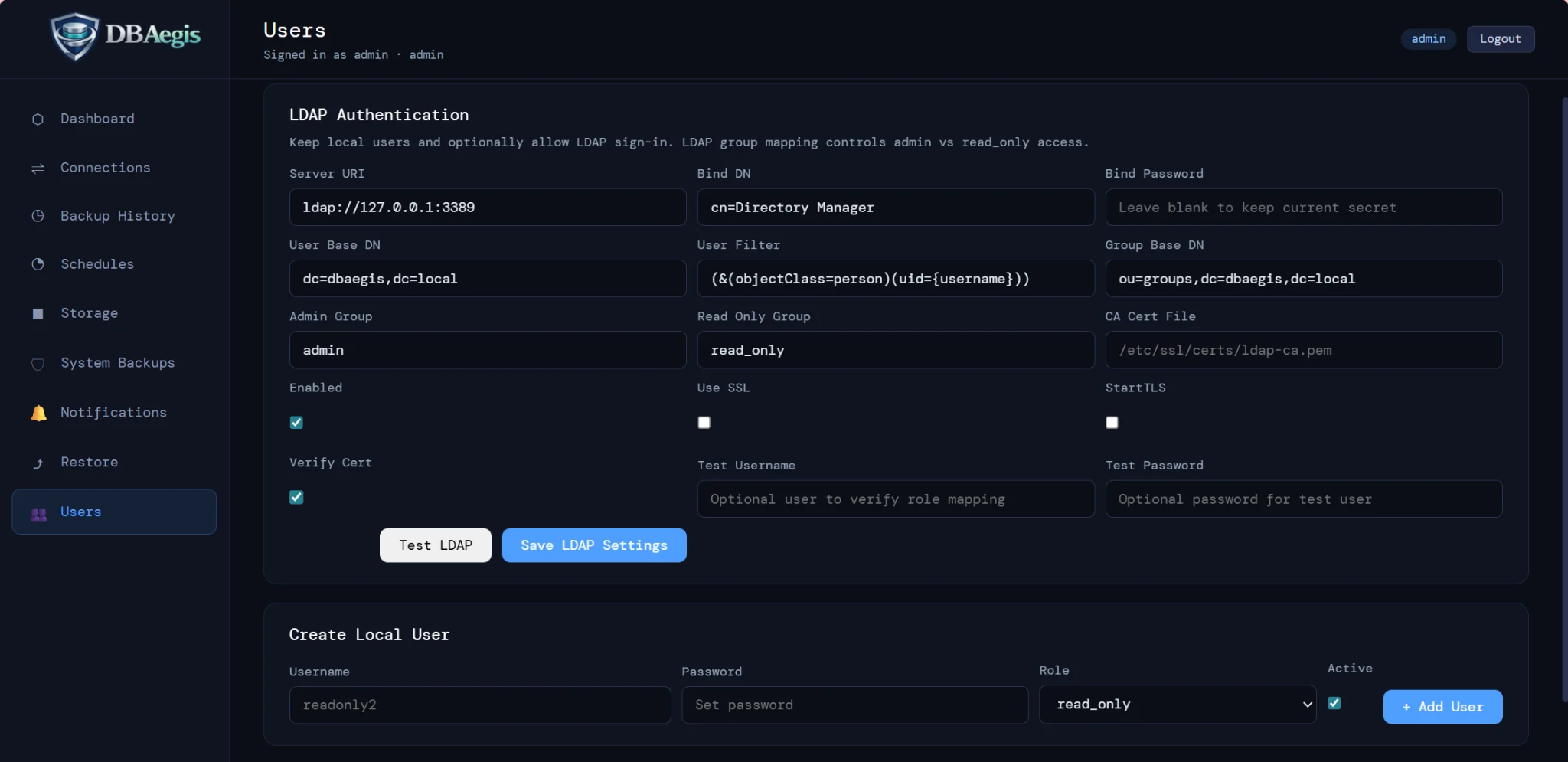 DBAegis access control screen with LDAP and local users